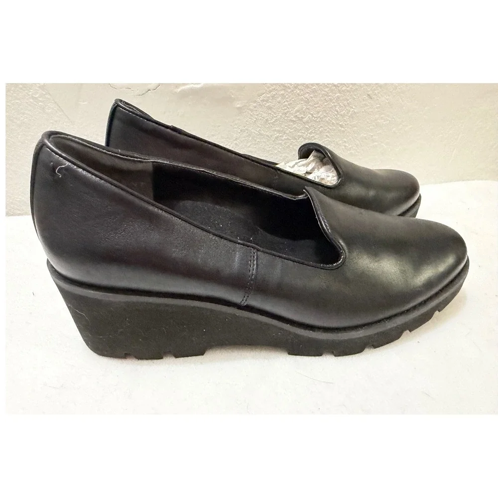 Vionic Willa Wedge Loafers Womens 9 Black Water Repellent Leather Lug